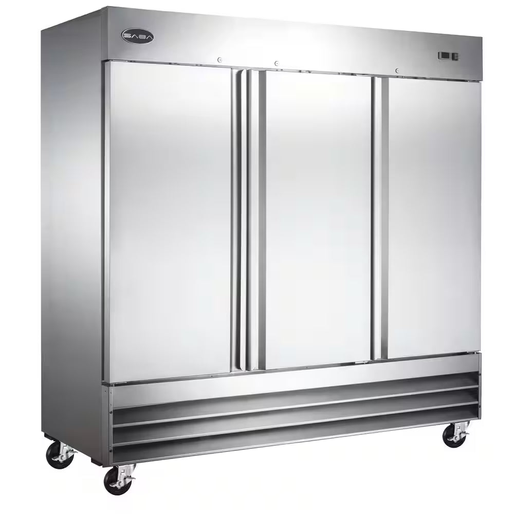 81 In. W 72 Cu. Ft. Three Door Commercial Reach in Upright Refrigerator in Stainless Steel